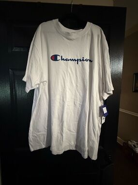 Champion White Short Sleeve Crewneck T-Shirt with Navy & Red Logo